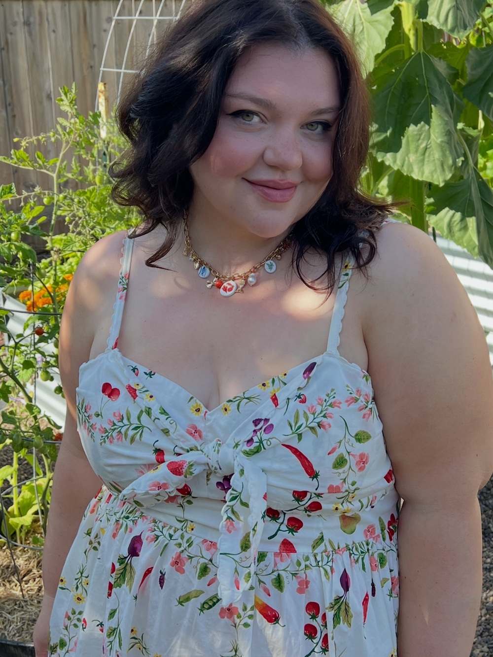 Old Navy White Midi Dress with Veggie and Flower Print